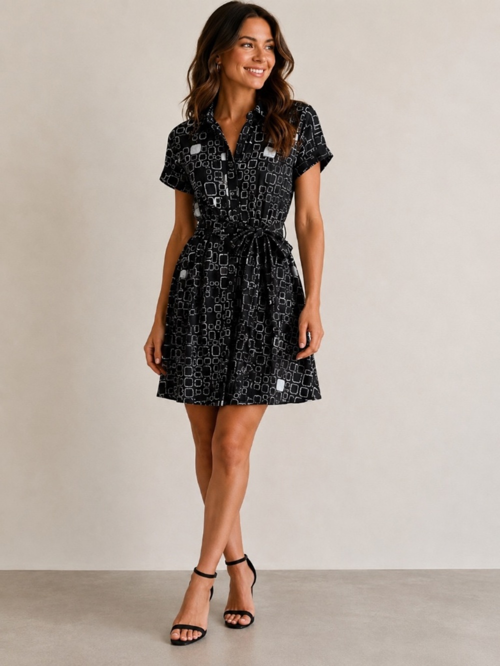 Diesel Shirt Dress Black Gray Geometric Print Belted Button Front Tie Waist M